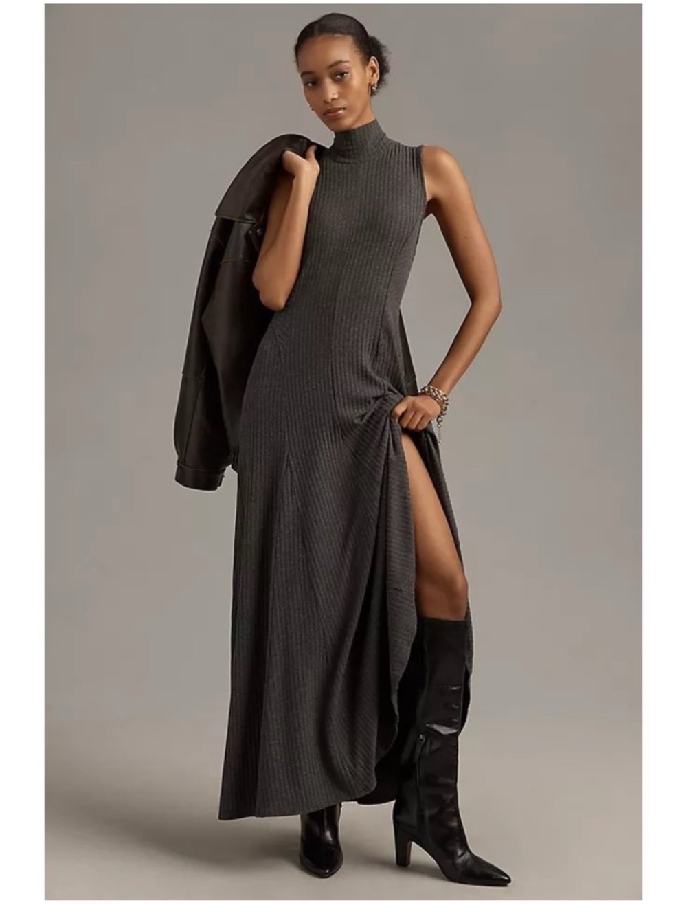 Anthropolgie Sleeveless mock neck Charcoal Ribbed Maxi Dress